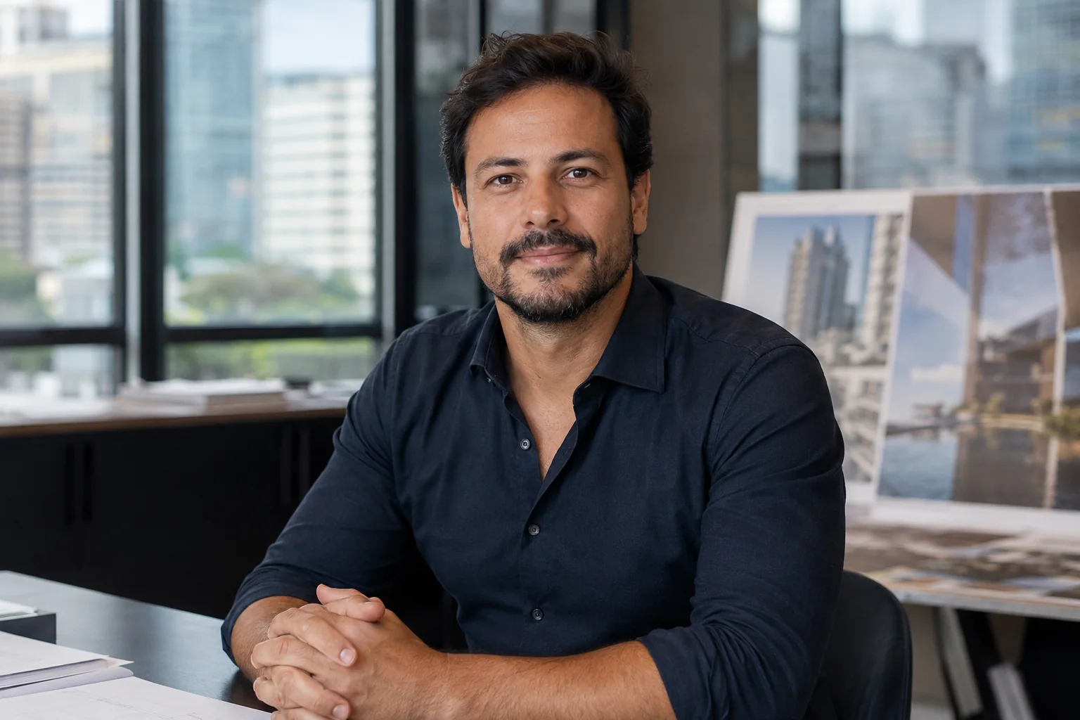 Personagem ilustrativo em cenário de gestão de uma imobiliária